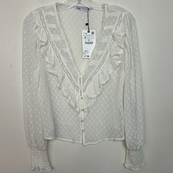 Zara Sheer Swissdot Ruffle V-Neck Crochet Trim Button Up Balloon Sleeve Blouse - Picture 9 of 16